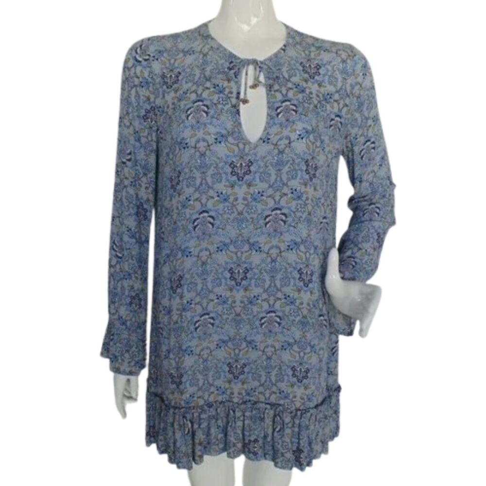 TIGERLILY Mini Dress, 6, SAGESSE Blue Floral, Long sleeve, Ruffle Hem Keyhole